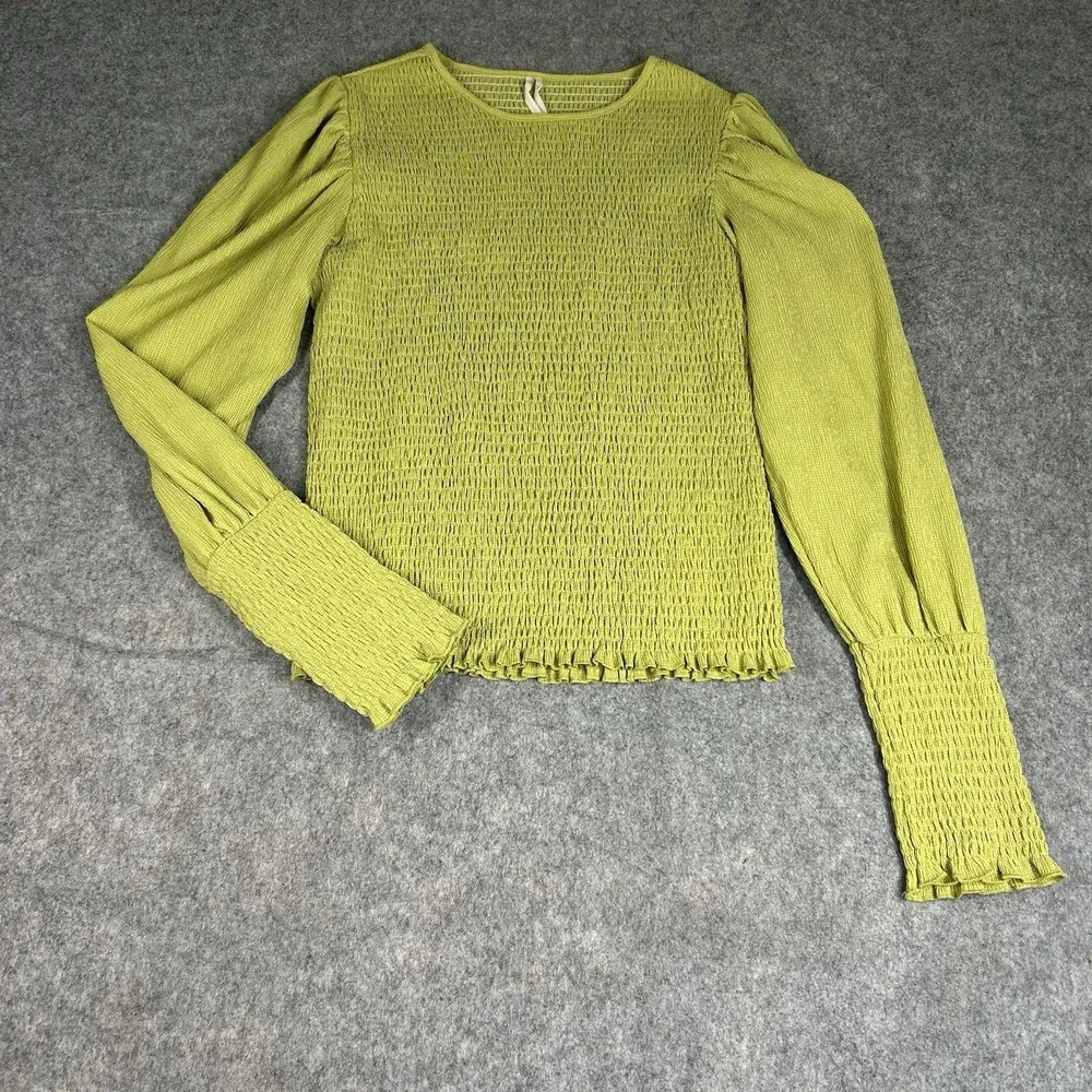 Anthropologie Lime Green Smocked Puff-Sleeve Blouse
